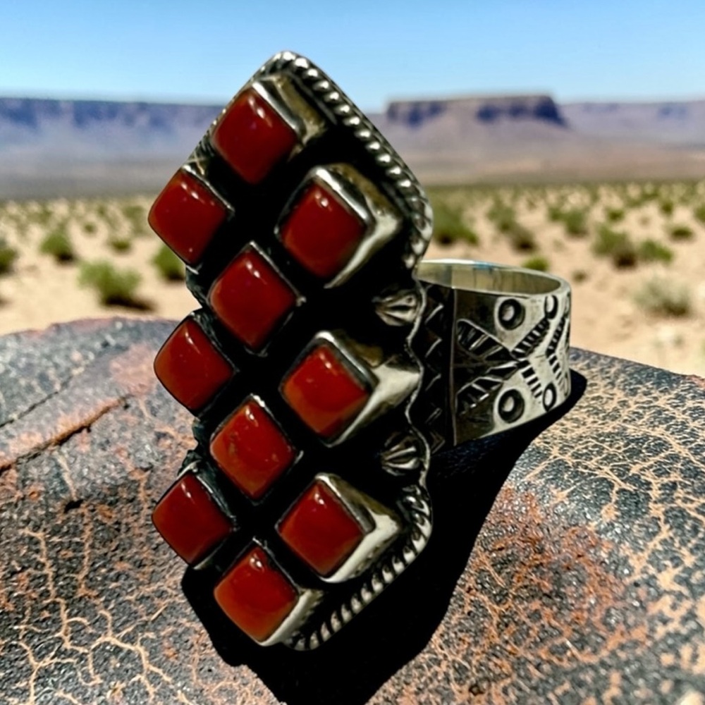 Navajo Petit Point Genuine Coral Sterling Silver Hand Stamped band Ring